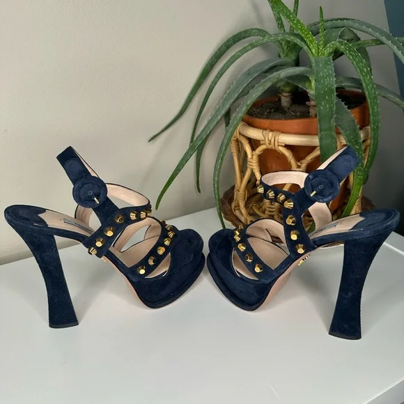 PRADA Navy Blue Suede Gold Stud Platform Sandals Heels 37.5 Italy - Picture 4 of 13